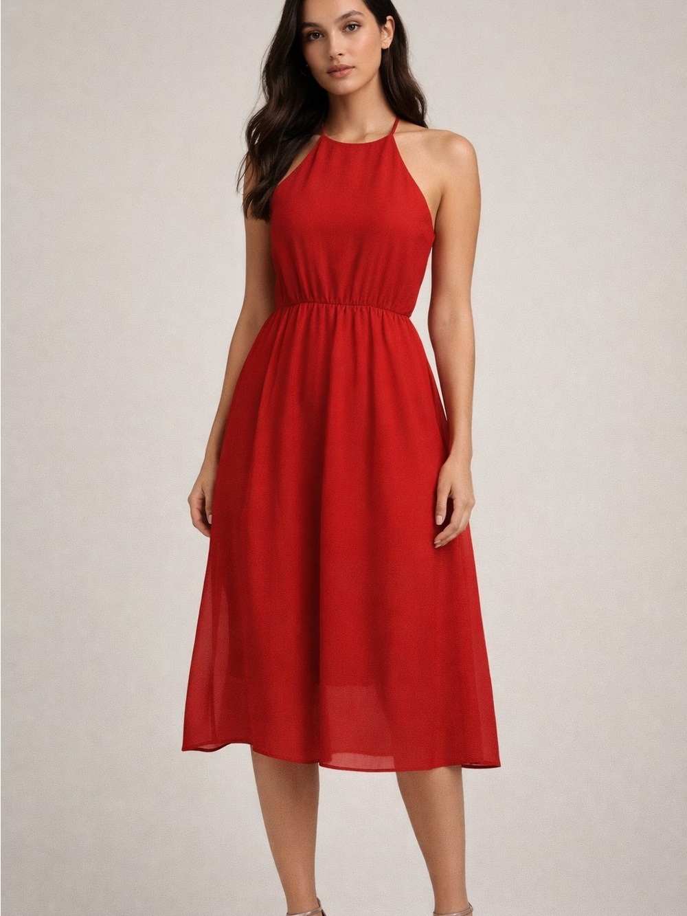 Halter Neck Midi Dress in Vibrant Red